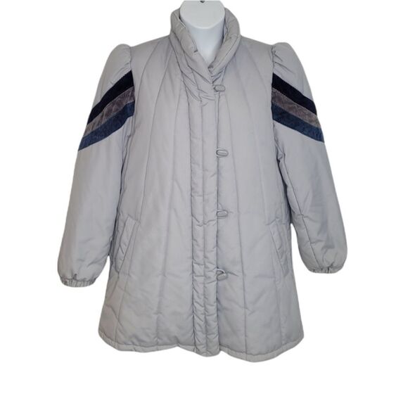VINTAGE 70s coat gray puff sleeve quilted‎ winter jacket with corduroy stripe L